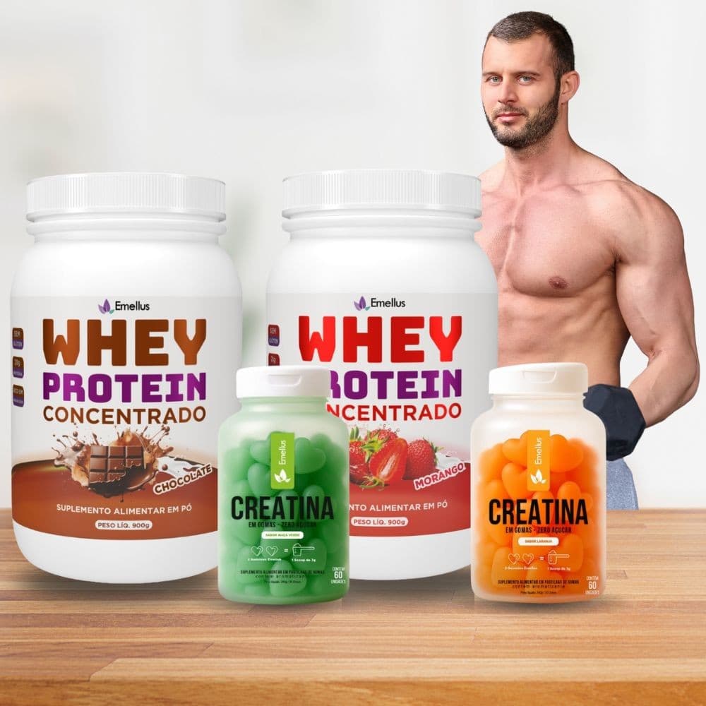 Kit Whey Protein Concentrado 900g + Creatina em Gomas 60Un Vários Sabores Treino e Massa Muscular