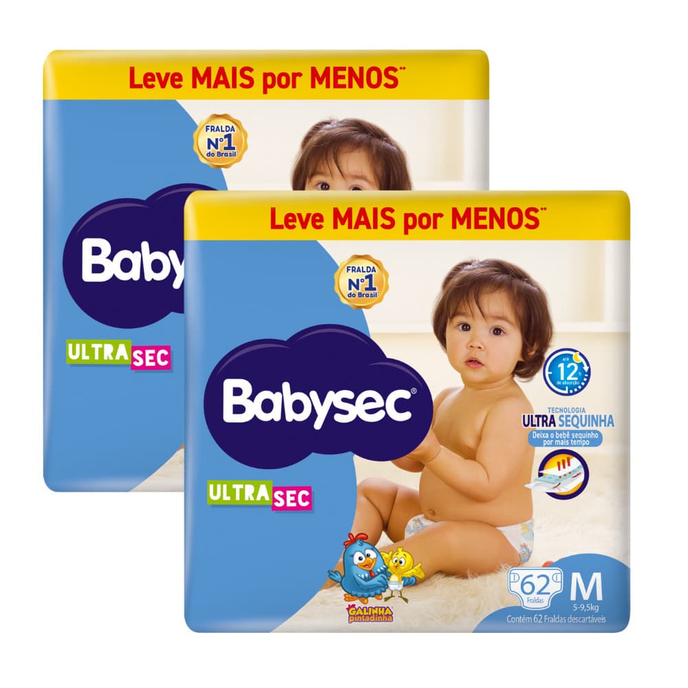 Kit 2x Fralda BabySec Hiper M 62un Ultrasec Galinha Pintadinha – Conforto e Economia Leve mais Pague Menos