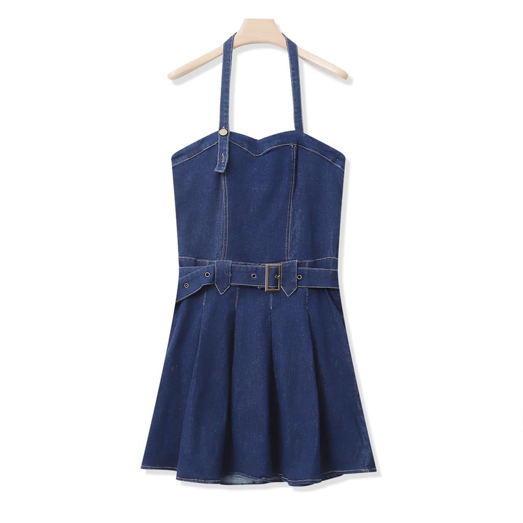 Vestido Curto Verão Mini Vestido Bodycon Vestido Mini Feminino Vestido jeans Halter verão novo estilo comércio exterior