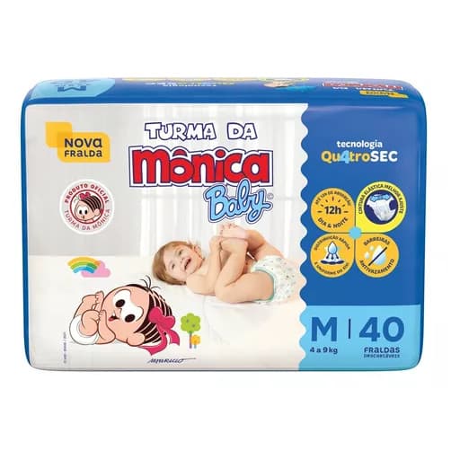 Fralda Descartável Turma da Mônica Baby QuatroSec M C/40 Unidades 12H De Absorção Antivazamento