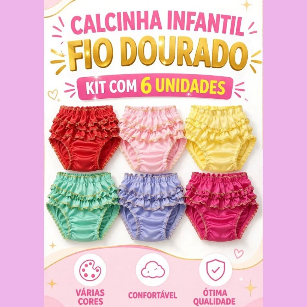 Kit c/ 6 Calcinhas fofa fio dourado com brilho  / Tapa Fralda Infantil, perfeitas para deixar o visual das pequenas aind