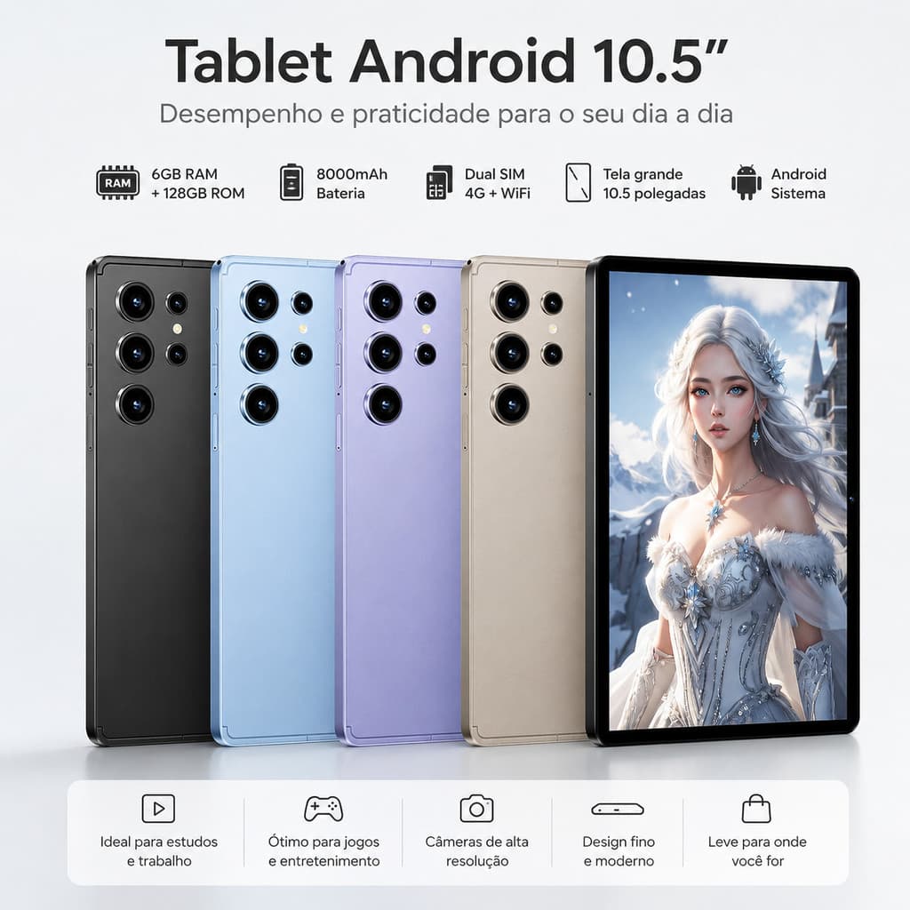 Tablet Android 13 10.5'' 128GB 4G WiFi 8000mAh Com Teclado Mouse Caneta Para Estudo Trabalho