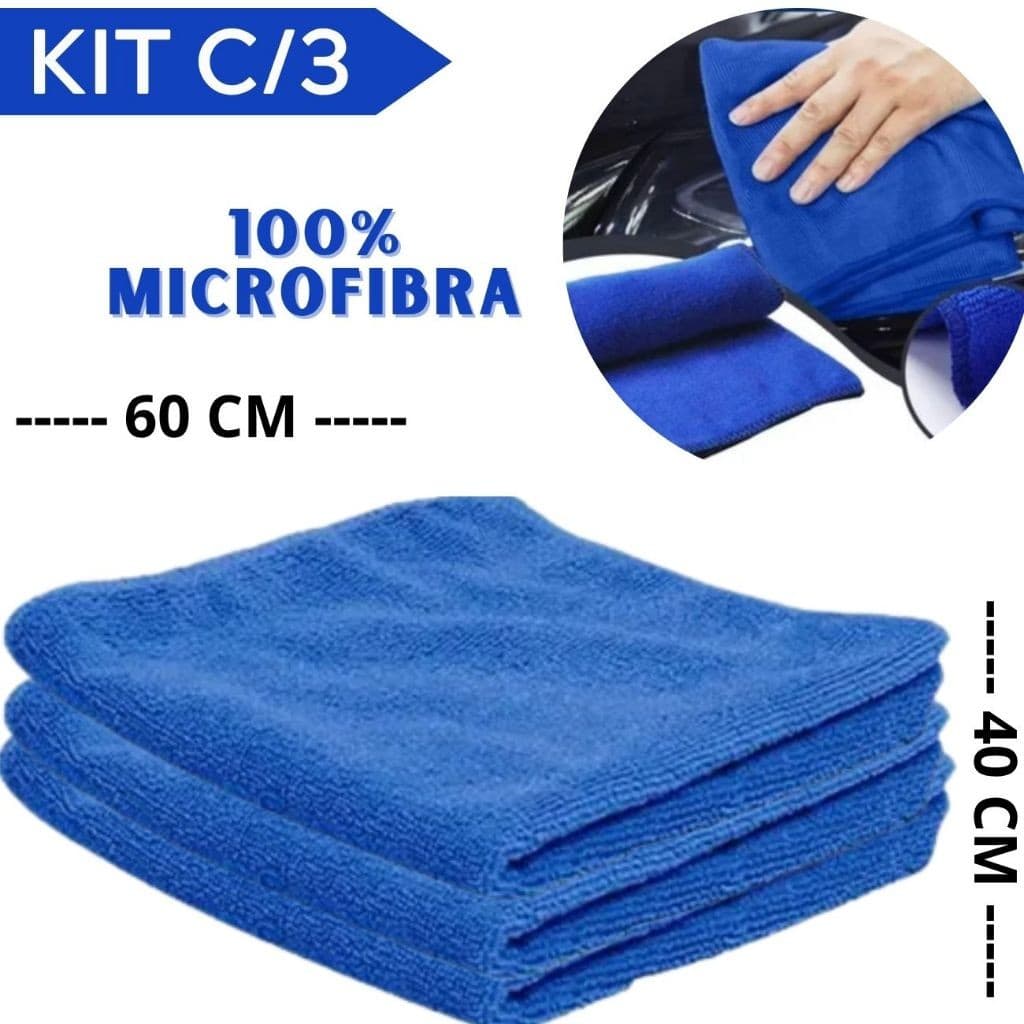 Kit 3 Pano Secante Azul Microfibra Grande 60 X 40 Multiuso P/ Casa Carro Empresa Não Solta Pelo