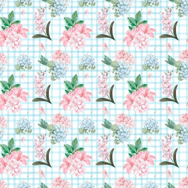 Tecido Tricoline Estampado Flores Fundo Xadrez Azul Projetos DIY Patchwork Costura Caseira