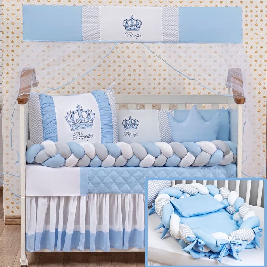 Kit Enxoval De Berço Com Ninho Trançado Redutor 15 Peças Modelos Menino E Menina