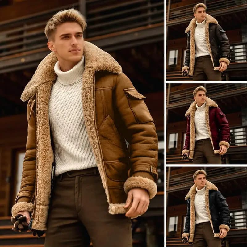 Jaqueta masculina de couro PU com lapela outono inverno lã de cordeiro cor sólida jaqueta Plus Size