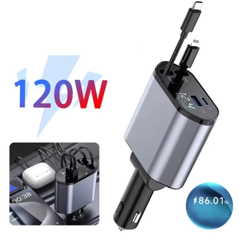Carregador Turbo Celular Veicular Carro iPhone e Android Rapido Cabo Retrátil