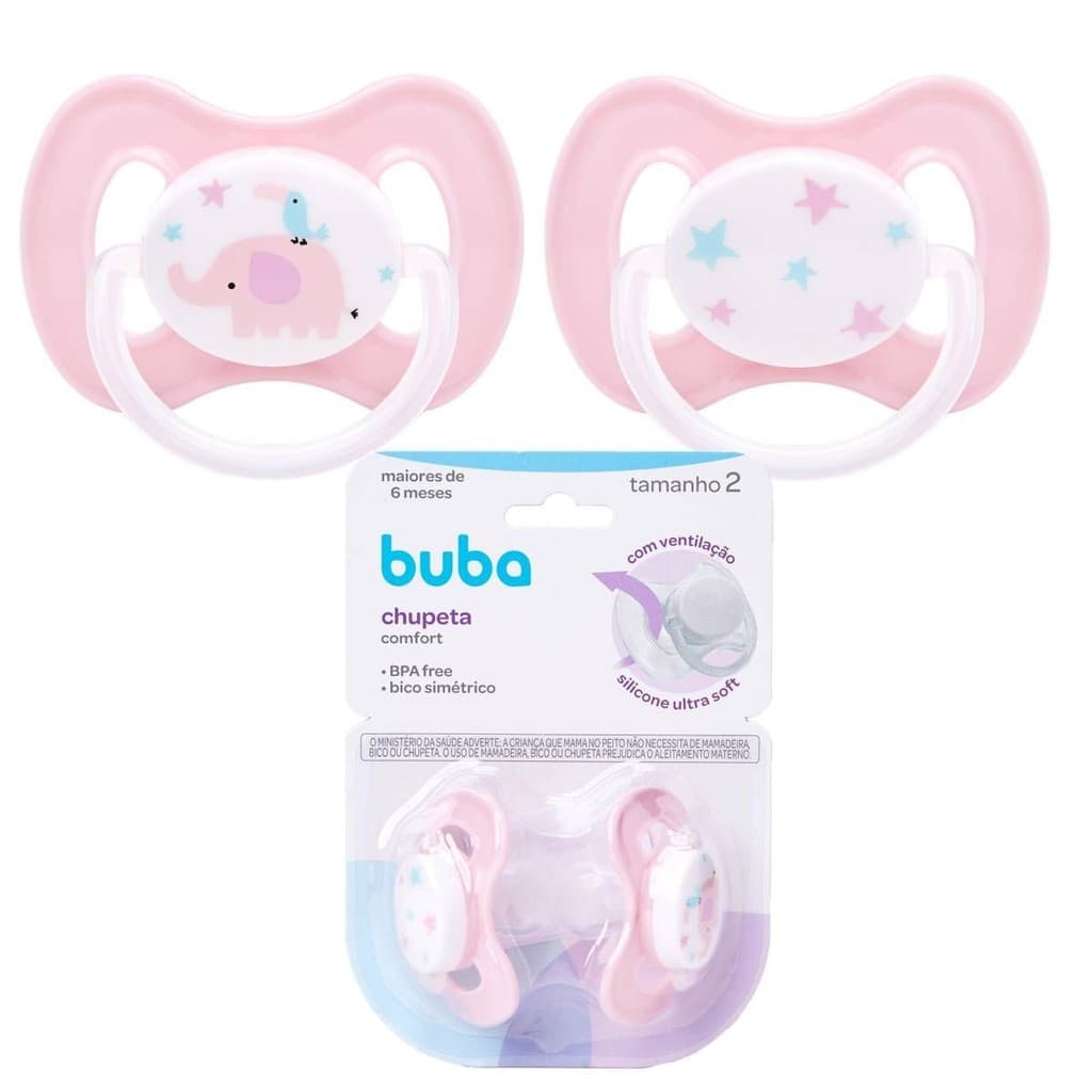 Kit 2 Chupeta Buba Rosa +6 Meses Bico Silicone Comfort TAM 2