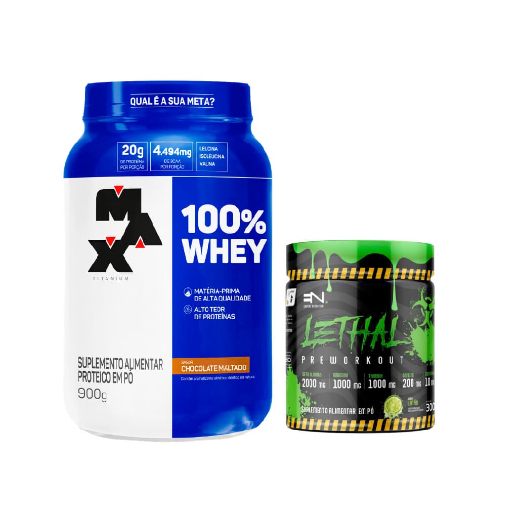 Kit 100% Whey Protein Max Titanium Pote 900g Chocolate Maltado + Pré Treino Lethal 300g LIMÃO
