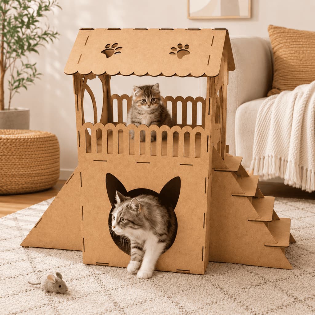 Arranhador Toca Casinha para Gatos Rampa Antiestresse Playground Casa de Gato 2 Andares Mdf
