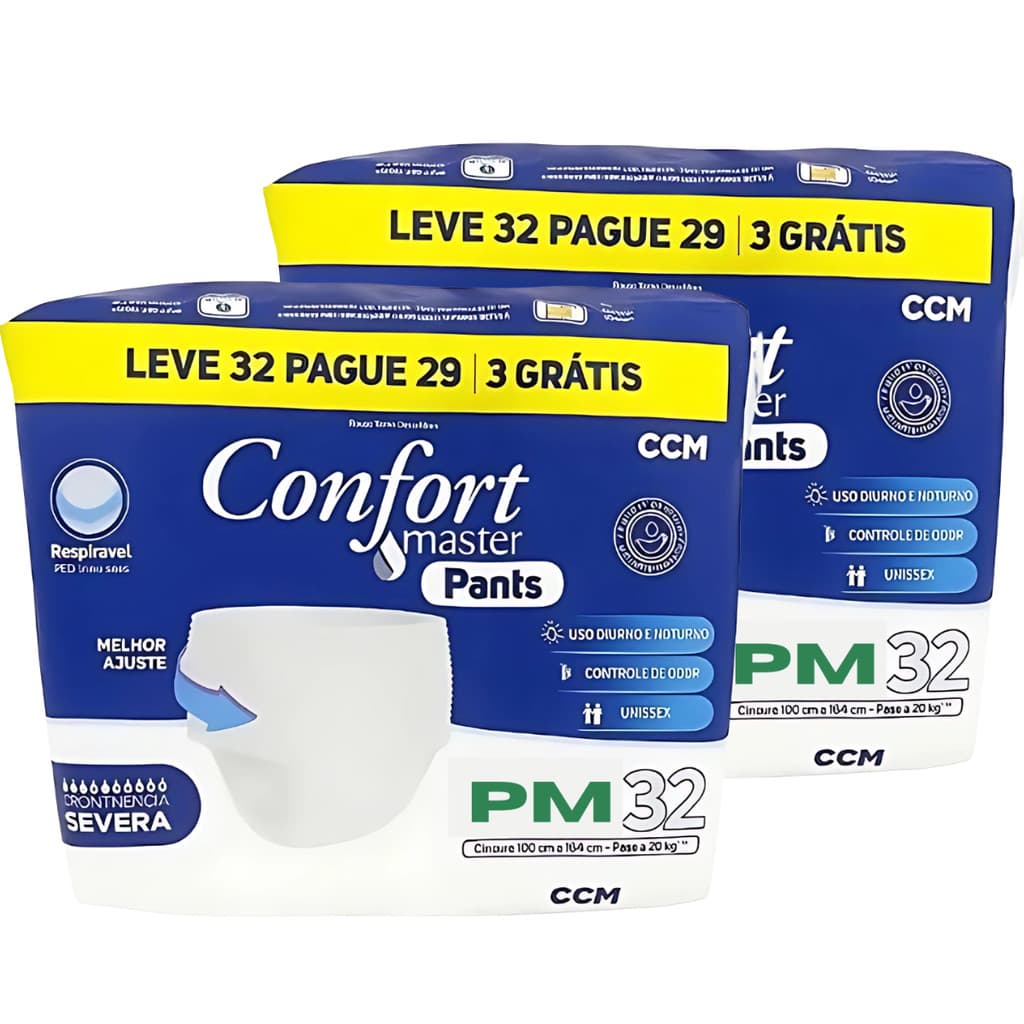 Kit 2 Fraldas Calça Descartável Geriátrica Adulto Confort Master Pants - P M Total 64 Unidades