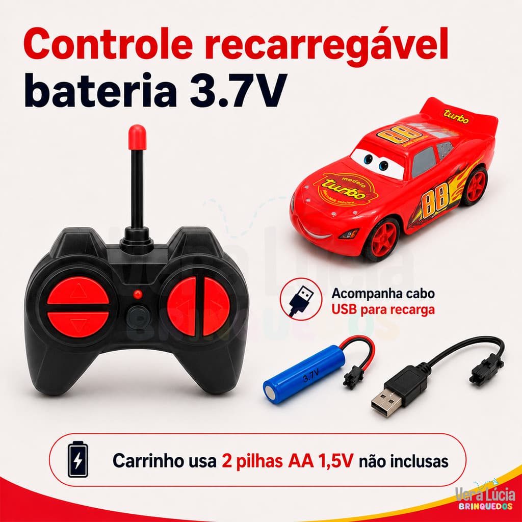Carrinho Controle Remoto Vermelho Mcqueen Plástico Com Controle Sem Fio E Motor A Pilha