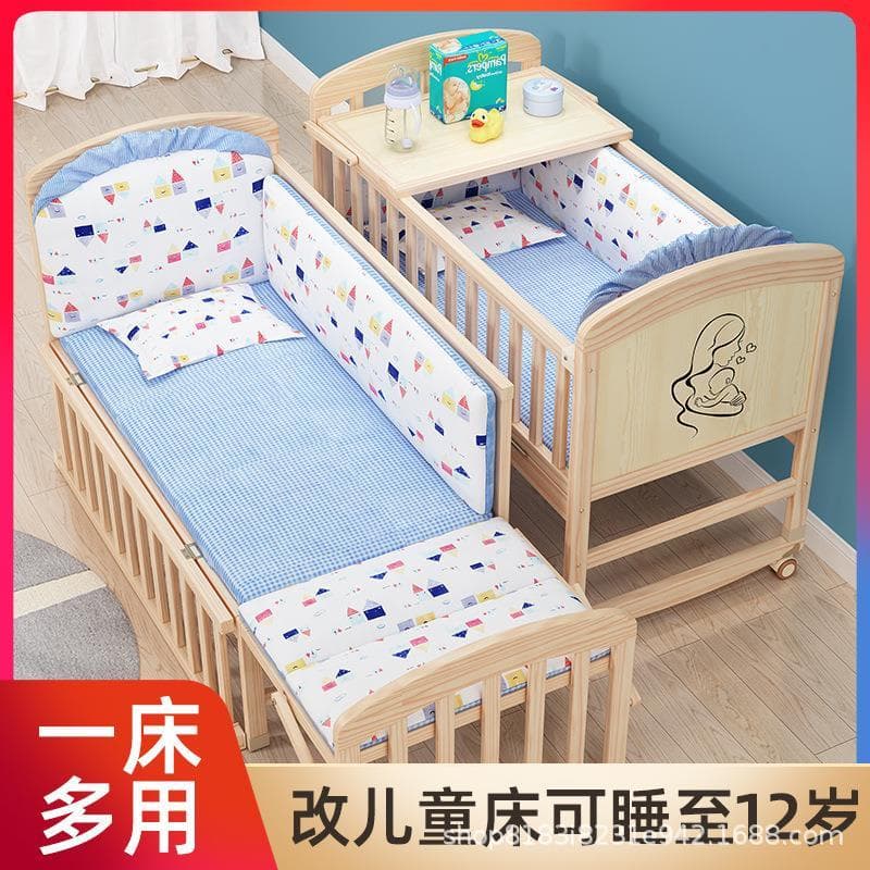Puxando capa berço móvel cama de bebê madeira maciça sem pintura berço das crianças multifuncional costura cama grande