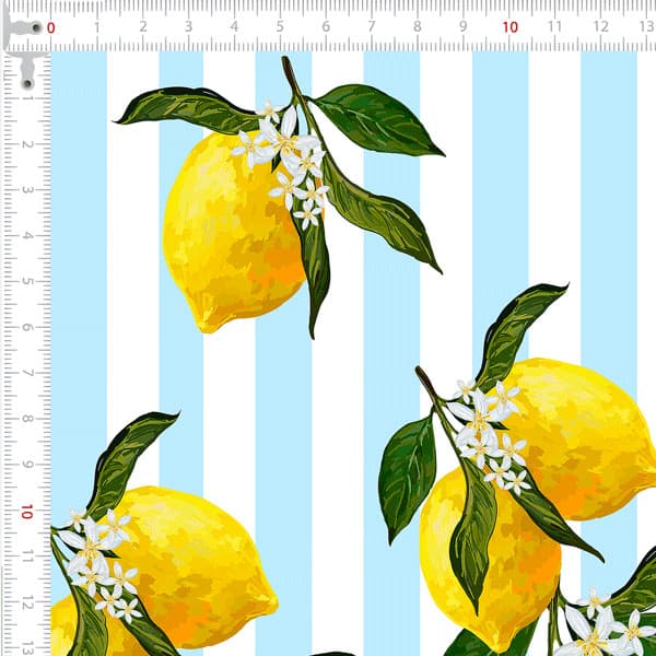 Tecido Tricoline Digital Limões Siciliano Listrado Azul Patchwork Costura Ateliê Pano DIY Artesanato