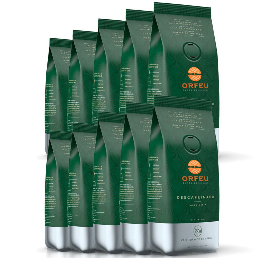 Café em Grãos Premium Orfeu Descafeinado Kit 10 Pacotes 250g