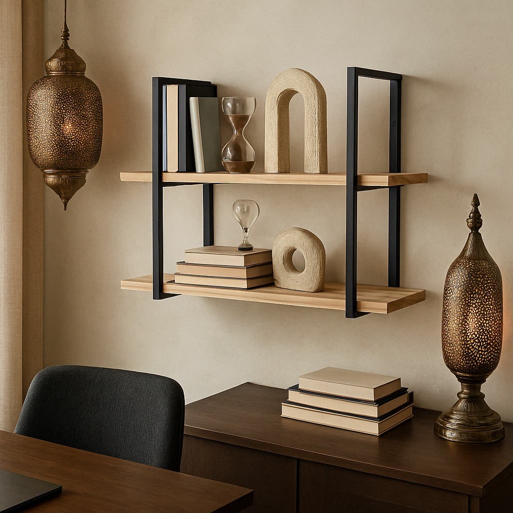 Prateleira de Parede Decoração Organização Escritório Livros Com Suporte Metal  E Madeira Pinus