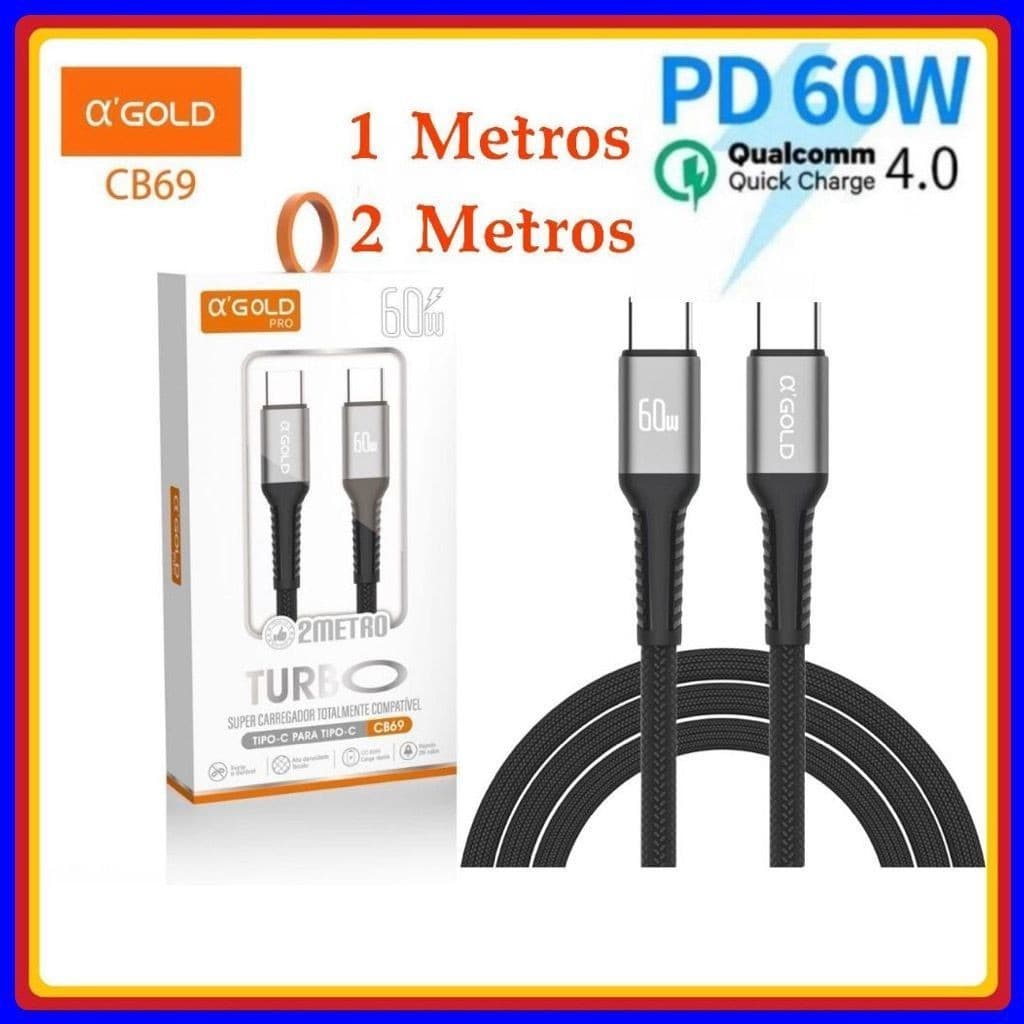 Cabo Tipo c Turbo 60W USB-C Para Tipo C Cabo PD 1 e 2 Metros original A'GOLD Carregamento Rápido