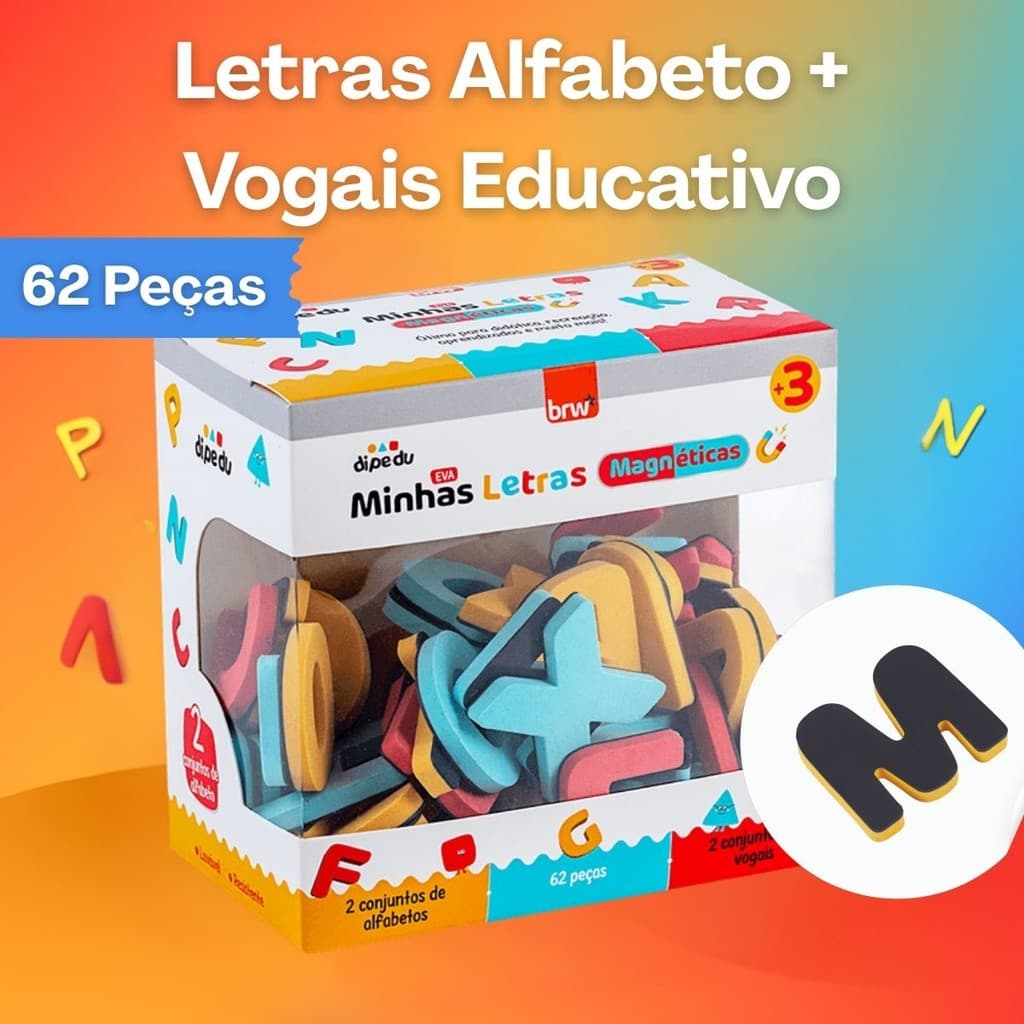 Letras Alfabeto + Vogais Educativo Imantado C/ 62 Peças Brinquedo EVA Educativo Didático e Colorido
