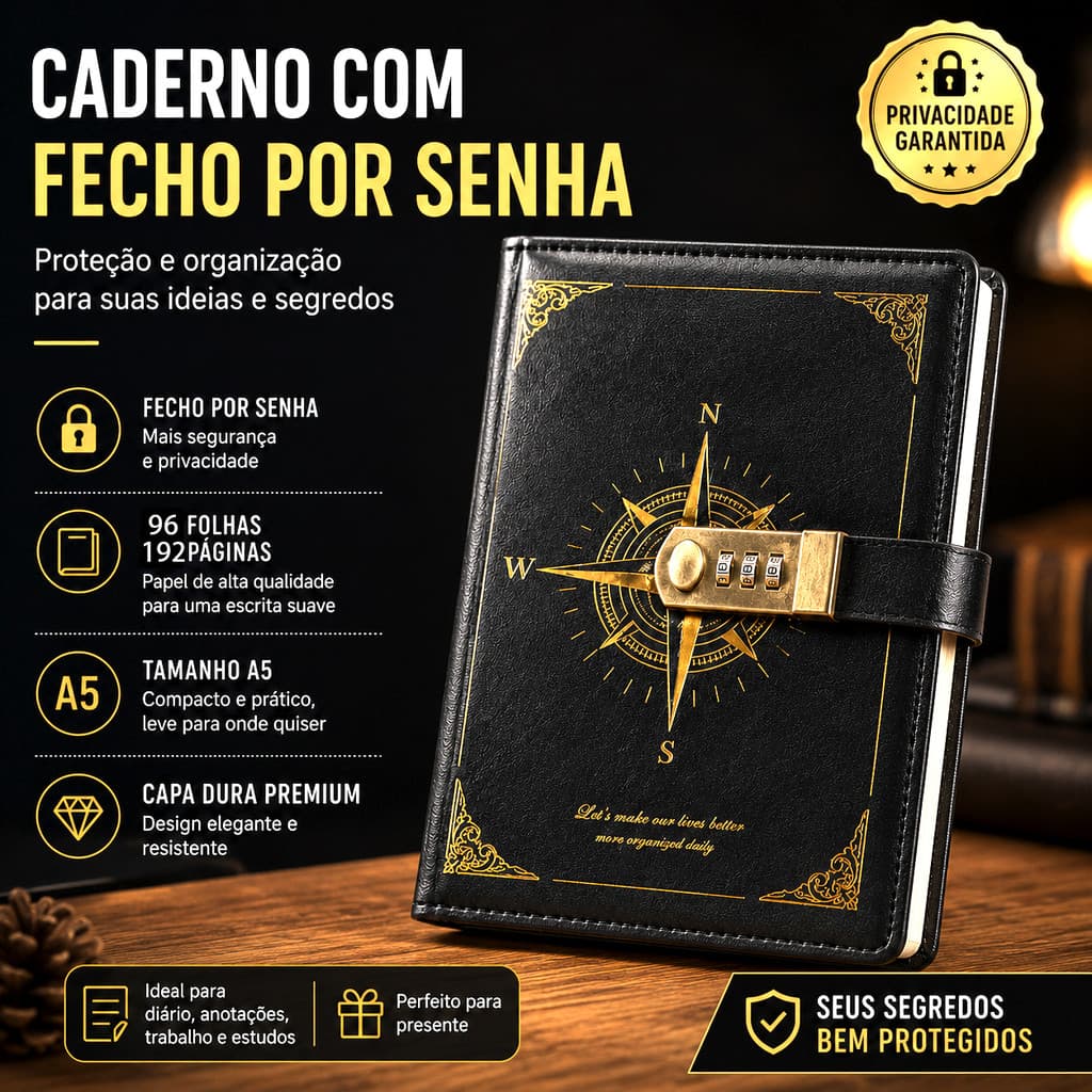 Caderno/diário estilo bússola com cadeado de combinação ajustável