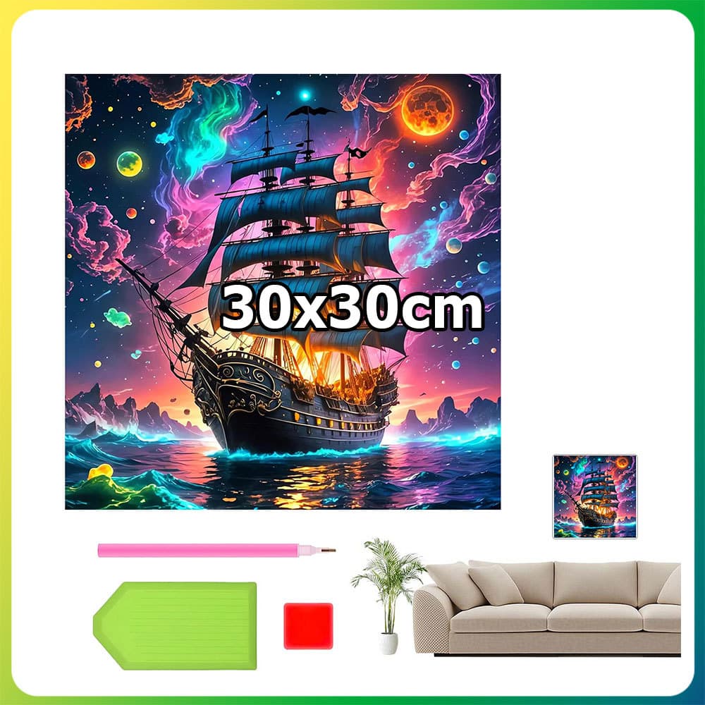 30x30cm Neon estrela navio à vela quadrado pintura diamante DIY pintura artesanal 5D diamante ponto pintura decoração pa