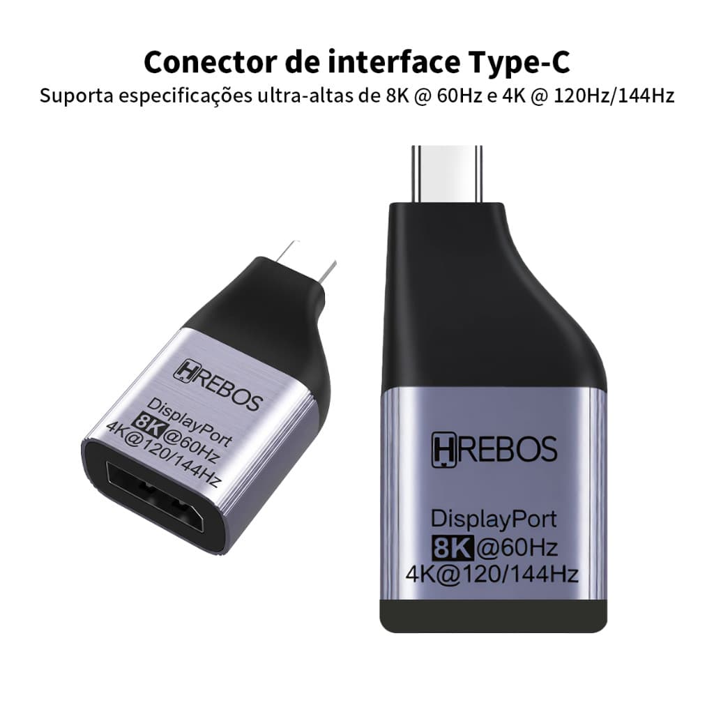 HREBOS Adaptador Type-C para DisplayPort 8K 60Hz liga alumínio compacto para notebook gamer