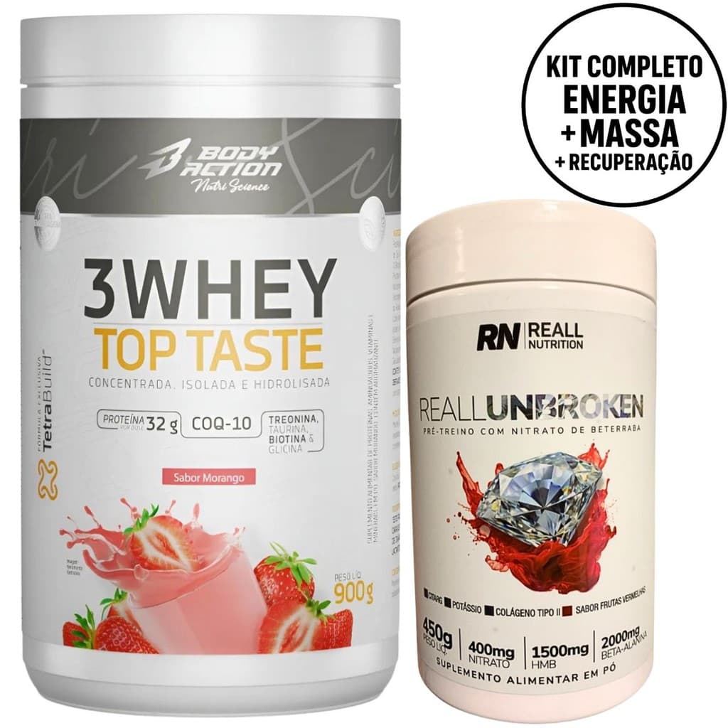 Combo Pré-Treino + Whey Protein Top Taste Body Action 900g Kit Suplemento Energia Massa Magra