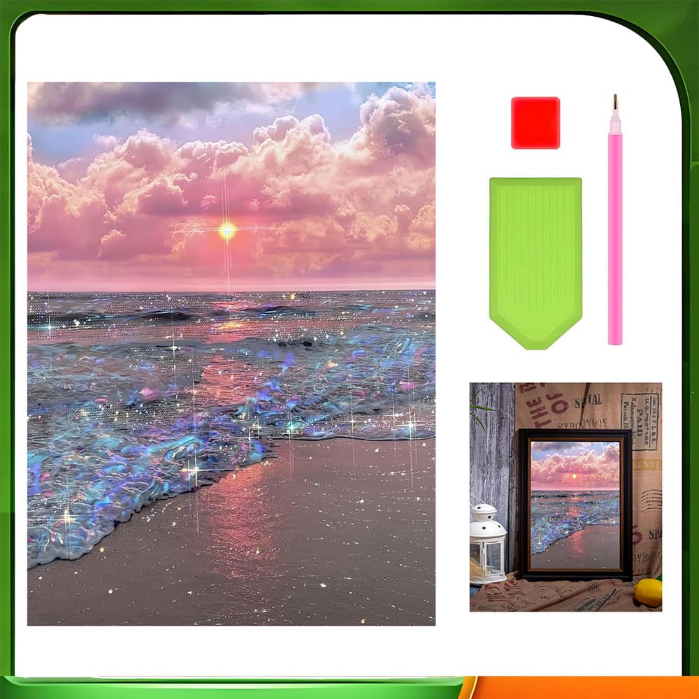 30 x 40 cm, 5D DIY Praia das Nuvens Rosa Conjunto de pintura de diamante quadrados Decoração de parede para casa