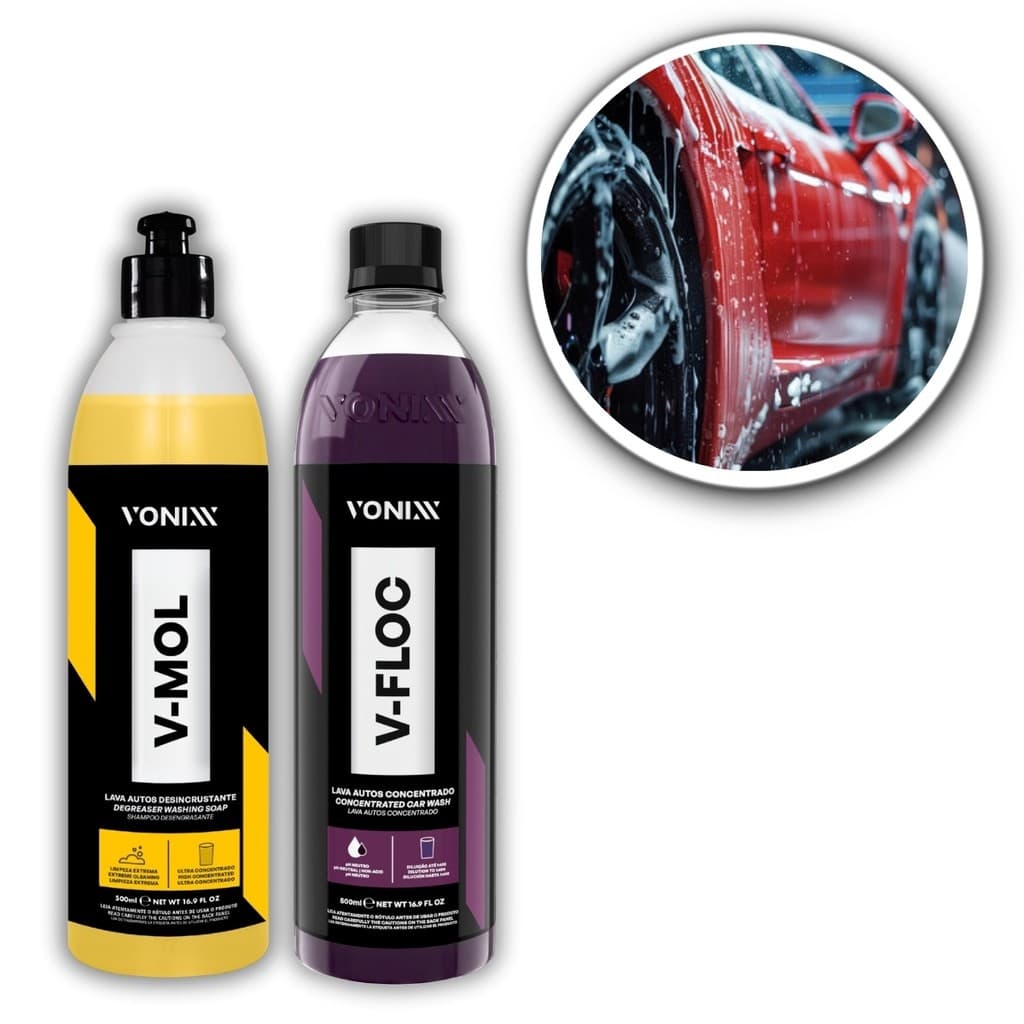Kit Pré Lavagem Shampoo V-Mol Limpeza Pesada V-Floc Super Concentrado Lavar Carro Moto Vonixx 500ml