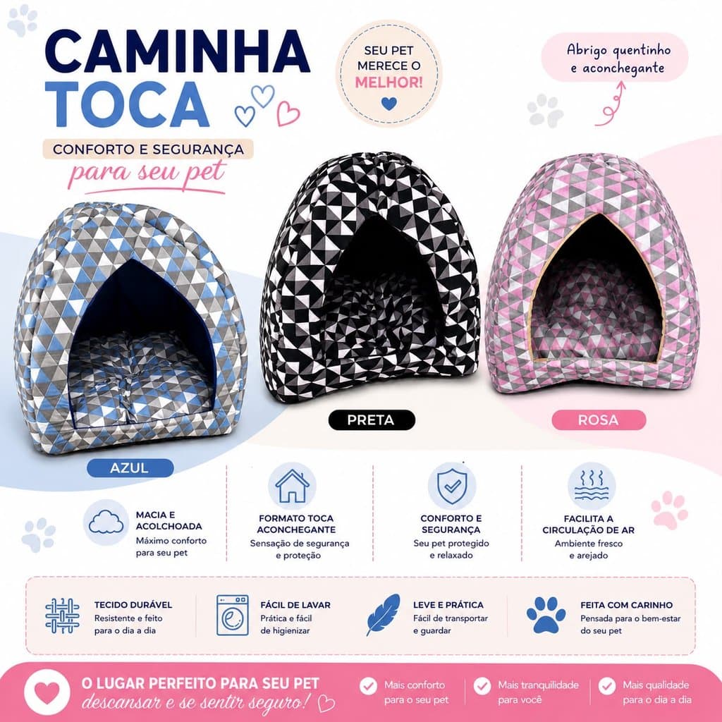 Cama Toca Pet 45x45x45cm Cachorro Gato Casinha Com Almofada Removível Conforto