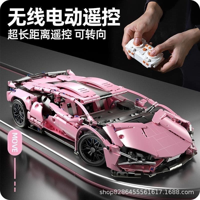 Carro Esportivo Lamborghini Estilo Lego Rosa, Blocos de Construção Inteligentes, Ornamento Divertido para Montar, Quebra