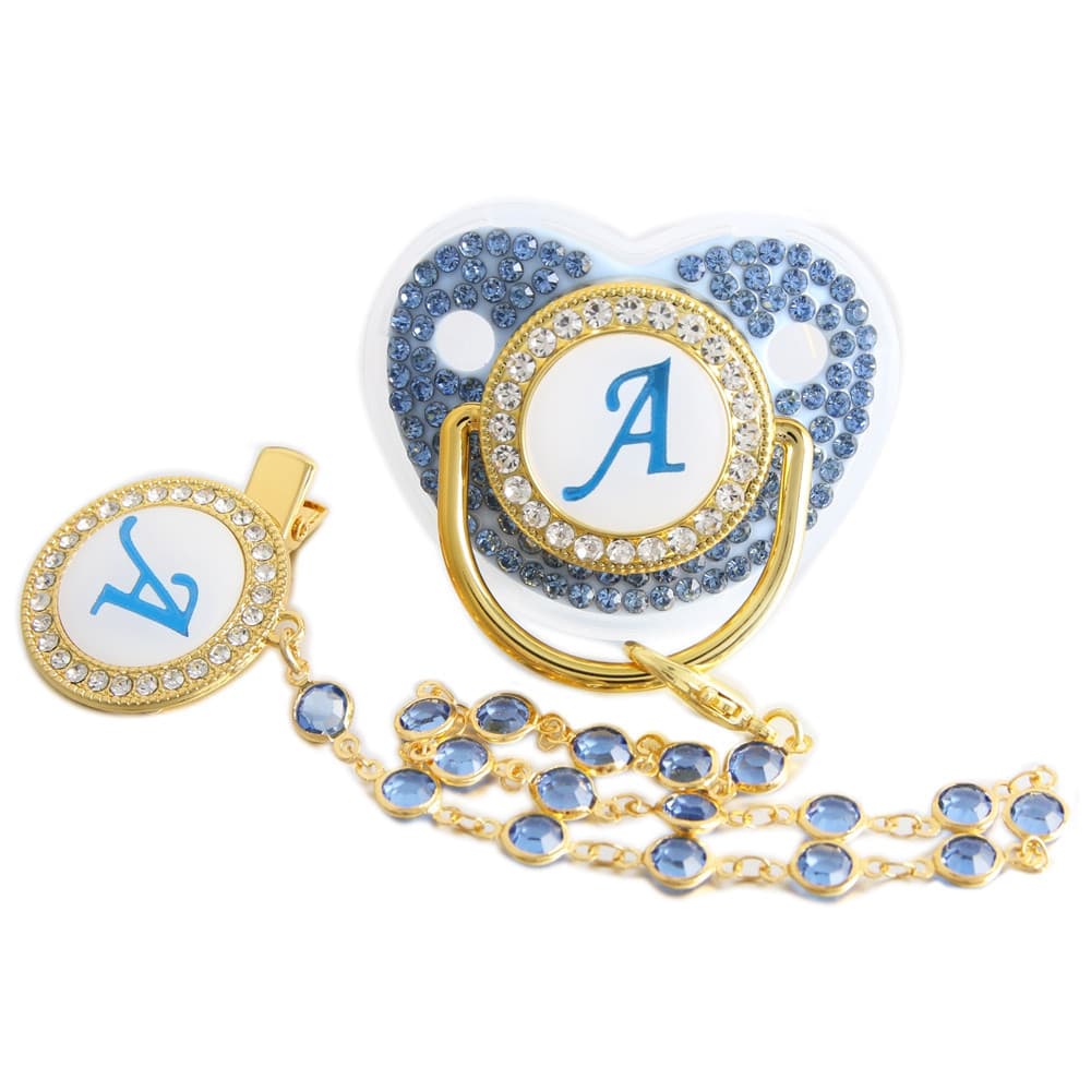 Chupeta de 26 letras/chupeta azul para bebê, equipada com corrente de contas e prendedor de pedra/brinquedo de dentição 