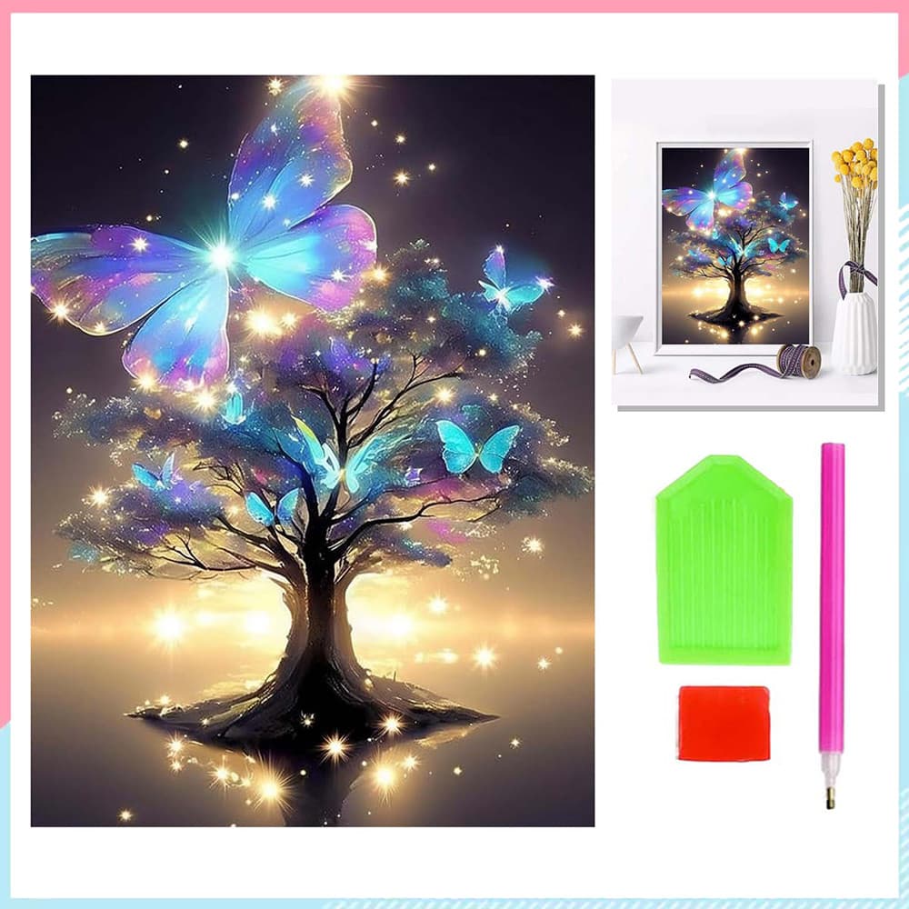 Árvore Estrela Borboleta, kit de pintura com diamantes, pintura diamantes quadrados 5D, obra de arte artesanal 30x40 cm