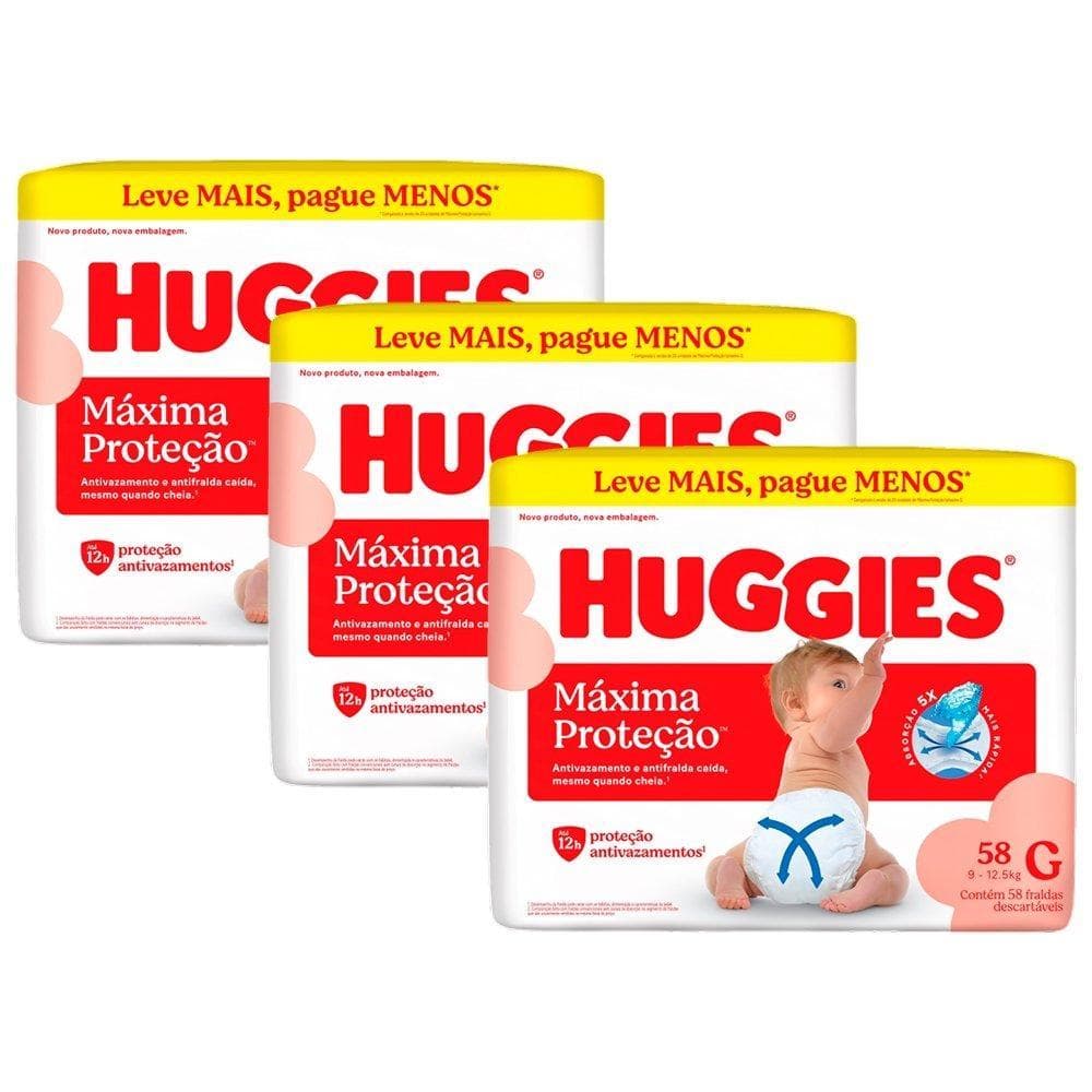 Fralda Descartável Huggies Máxima Proteção G - 3 Pacotes com 58 Fraldas - Total de 178 Tiras