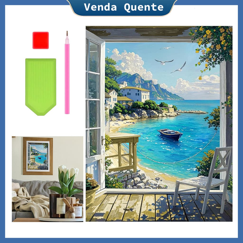 "Seaside Room" Pintura Diamante 40x30 cm, 5D Pintura Diamante, Decoração Da Parede Pintura Artesanal