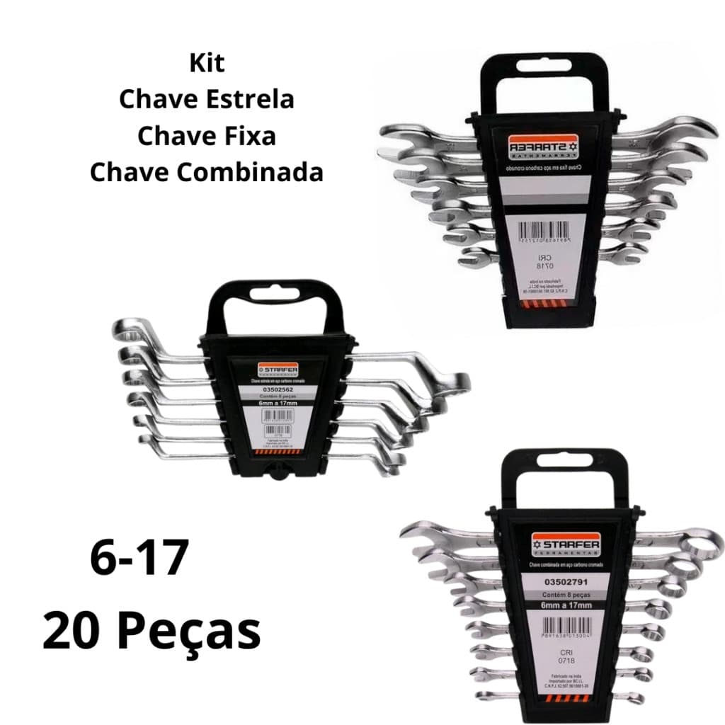 Jogo Chave Boca 6 a 17mm Combinada Estrela e Fixa Starfer 20pçs Ferramenta Kit Completo Uso Geral SB