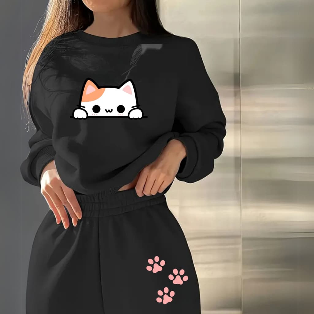 Conjunto Moletom Feminino Gatinho Patinhas Love Cat Algodão Inverno Casual Quentinho Forrado