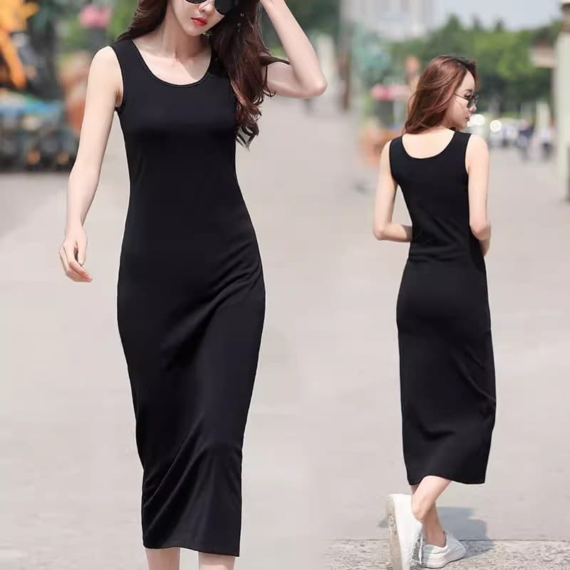 [Grande estiramento] Vestido tipo estilingue de comprimento médio feminino vestido colete preto tamanho grande vestido d