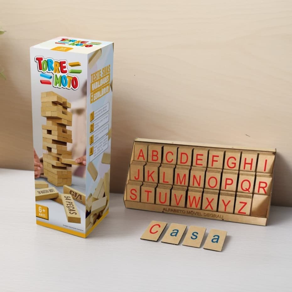Jogo Torremoto Caiu Perdeu 54 Peças + Alfabeto Educativo MDF Degrau Brinquedos Educativos