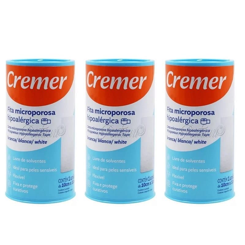 Kit C/3 Fitas Microporosas Branca Hipoalérgica 10cm X 10M - Cremer