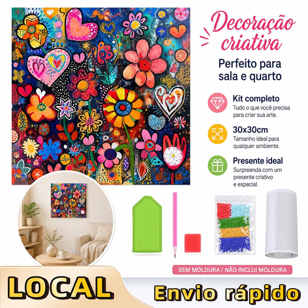 Pintura de Diamante 5D Sonho de Flores 30x30cm Broca Quadrada – pontos de diamante, tela autoadesiva, jardim encantado