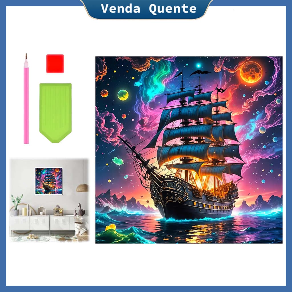 "Neon Star Sea Ship" Pintura Diamante 30x30 cm, 5D Pintura Diamante, Decoração Da Parede Pintura Artesanal