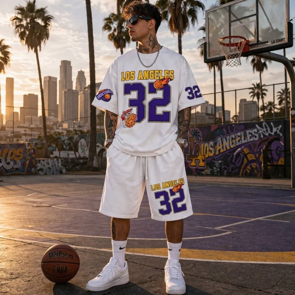 Conjunto Camiseta Algodão E Bermuda Moletom Streetwar Camisa Los Angeles 32 Premium