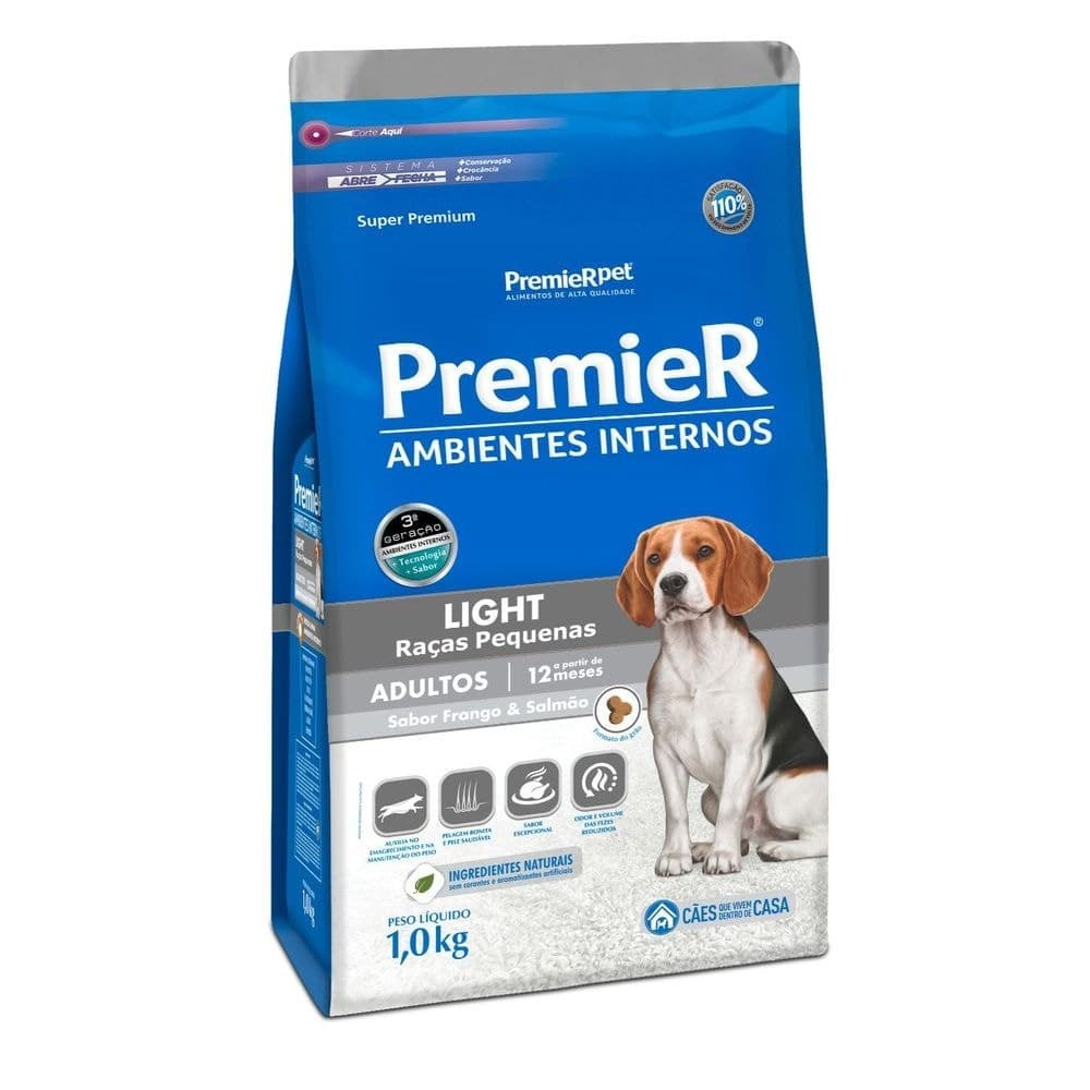 Ração PremieR Ambientes Internos light raças pequenas cachorros adultos frango & salmão 1,0kg