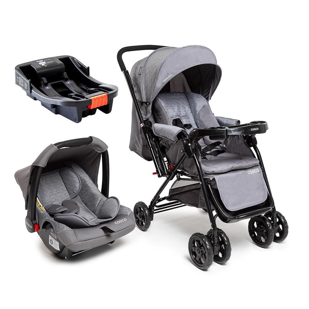 Carrinho Com Bebê Conforto e Base Cosco Kids Travel System Trio Reverse Alça Reversível Cinza