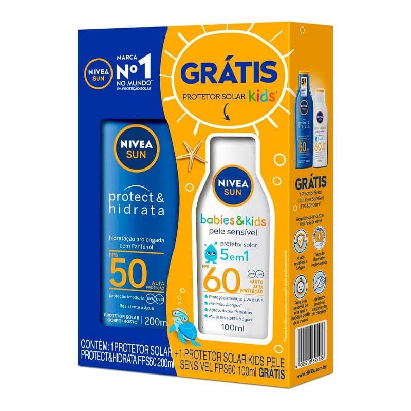 Kit Protetor Solar Facial Nivea Sun Protect & Hidrata FPS50 200ml + Corporal Nivea Sun Babies & Kids 5 em 1 FPS60 100ml