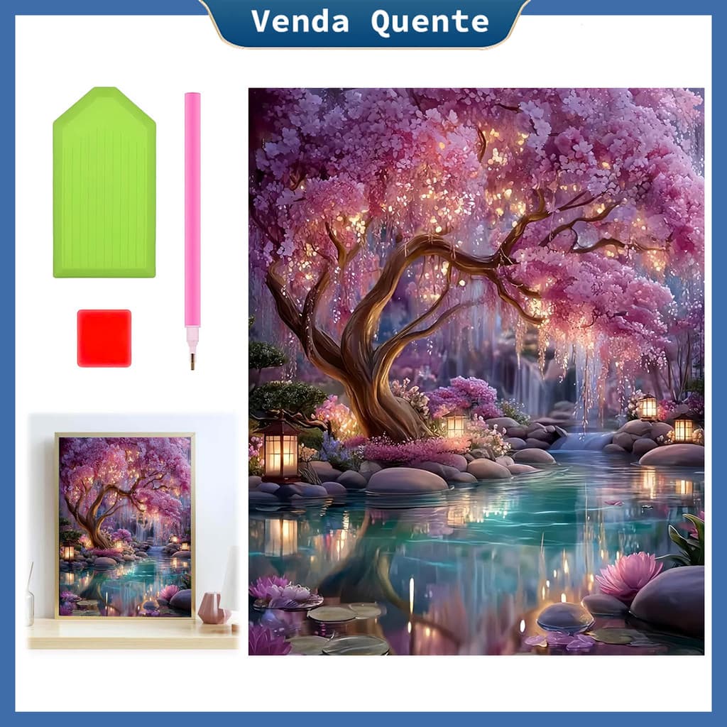 "Piscina de flores sob a lua" pintura diamante 40x30 cm, 5D Pintura Diamante, Decoração Da Parede Pintura Artesanal