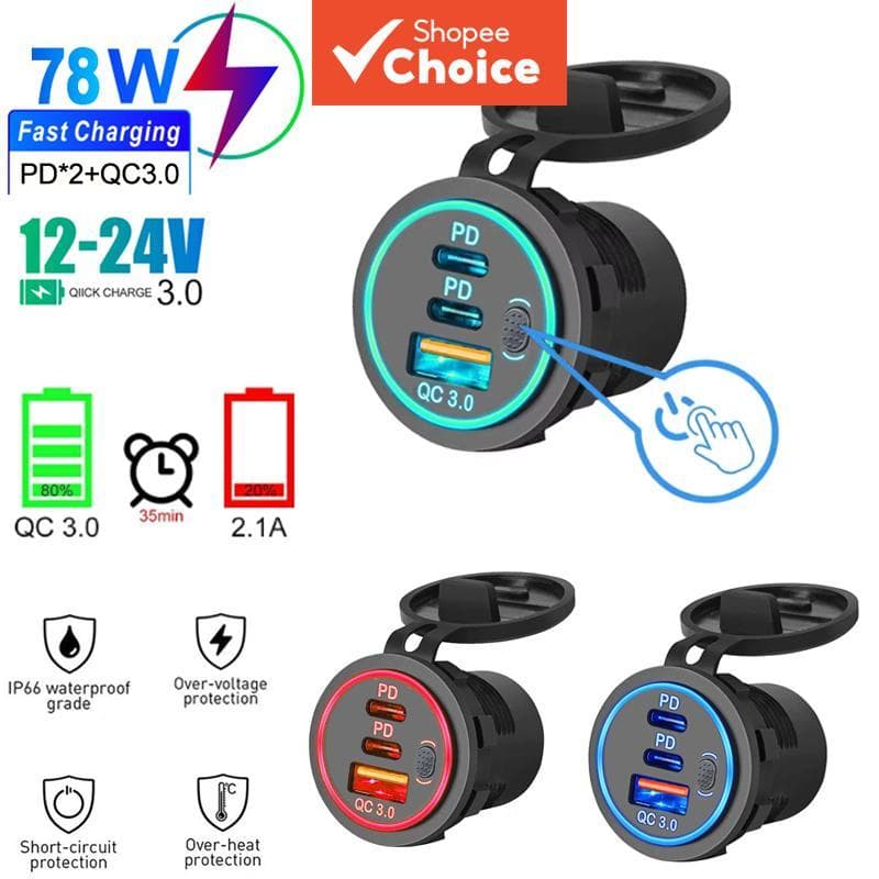Tomada de carregador veicular USB QC 3.0 dupla PD à prova d’água resistente 12V-24V para caminhão e navio