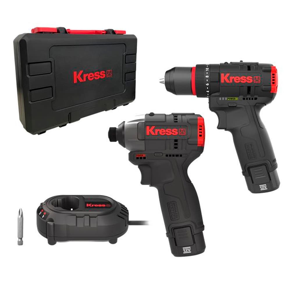 Furadeira Parafusadeira de Impacto 3/8" 12V 40 N.m KUC12 Brushless  1/4" KUB50 2 Baterias 2Ah Bi-volt - KRESS