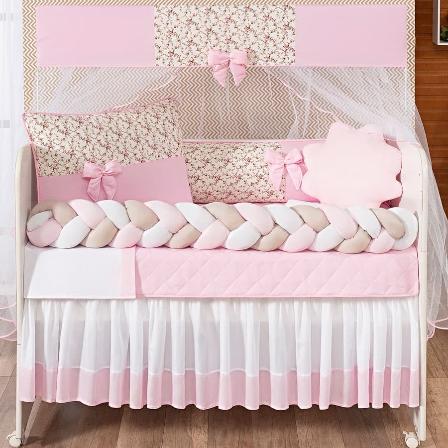 Kit Berço Doce De Bebê 11 Peças Completo Enxoval Quarto Infantil Protetor Trança Almofadas Mosquiteiro