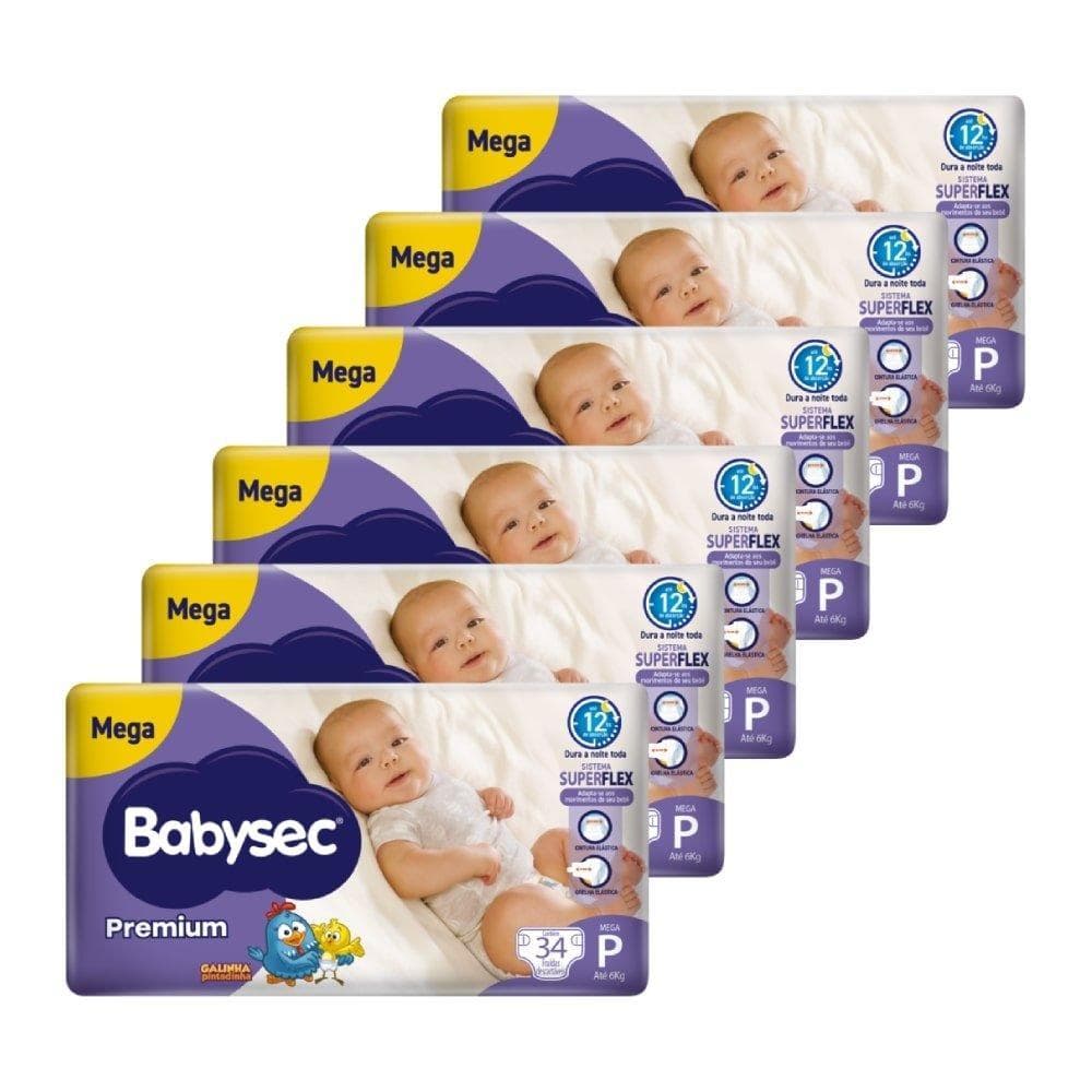 Fralda Descartável Babysex Premium Mega Tamanho P - 6 Pacotes com 34 Fraldas - Total 204 Tiras